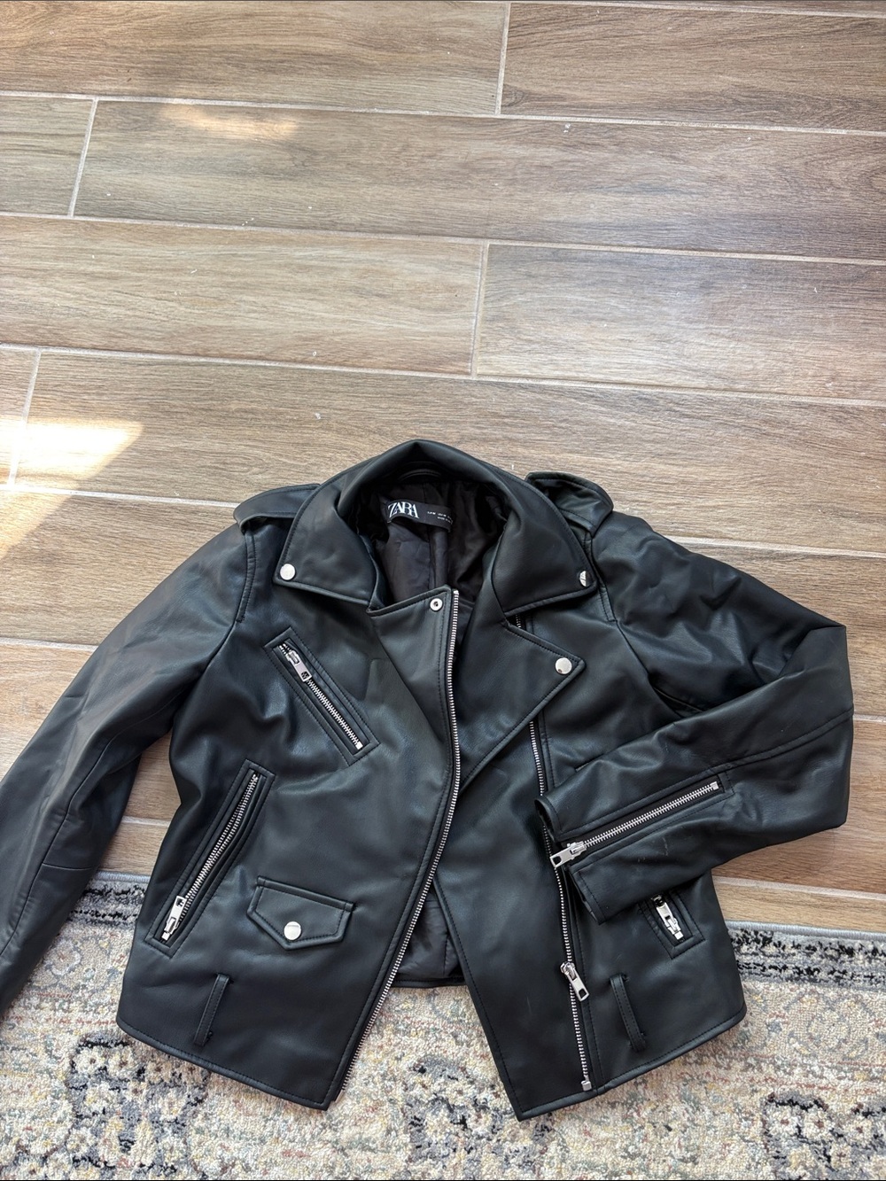 Zara Black Faux Leather Biker Jacket with Silver Hardware